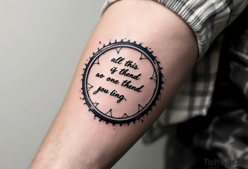 A motivational quote wrapped around a bike wheel, in elegant cursive script with subtle navy blue accents. tattoo idea