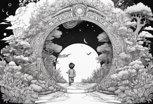 a small boy entering a portal leading to a fantasy world filled with nature tattoo idea