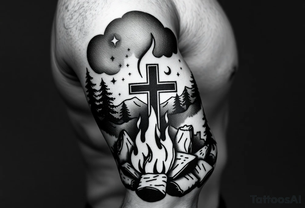 Campfire with cross hidden well in the flames include the great outdoors and night sky make sure cross doesn't look like it is on fire tattoo idea