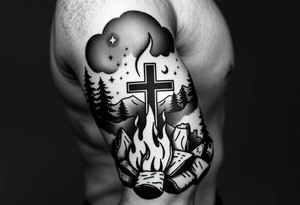 Campfire with cross hidden well in the flames include the great outdoors and night sky make sure cross doesn't look like it is on fire tattoo idea