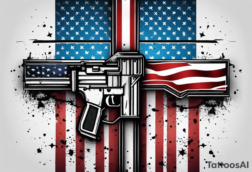 Distressed American flag behind a cross with 2 guns leaned on it simple tattoo idea