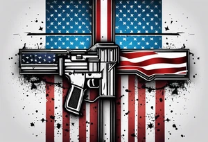 Distressed American flag behind a cross with 2 guns leaned on it simple tattoo idea