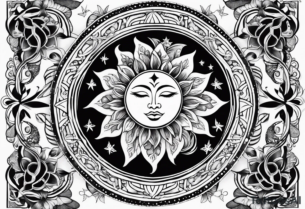 sun and moon tattoo flowing into mandala with butterflies tattoo idea