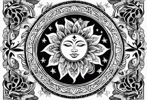 sun and moon tattoo flowing into mandala with butterflies tattoo idea