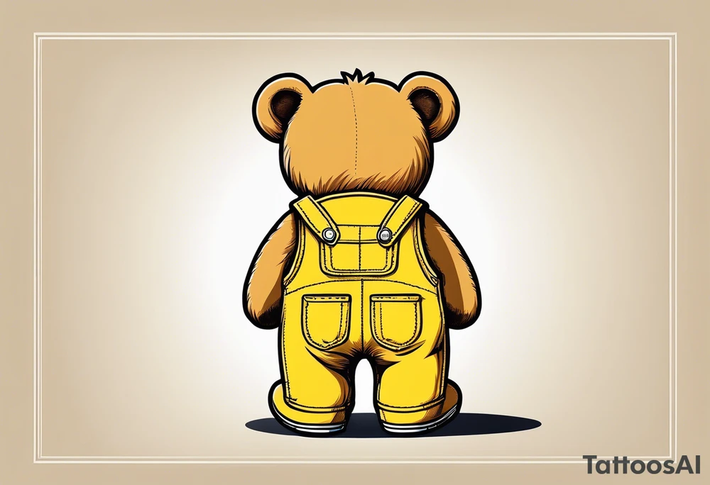 image of the back of a light brown teddy bear standing in yellow overalls, striped tank top and wearing boots tattoo idea
