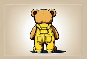 image of the back of a light brown teddy bear standing in yellow overalls, striped tank top and wearing boots tattoo idea