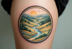 A landscape inside a bike wheel, with rolling hills, a flowing river, and a winding trail, colored in soft greens, blues, and warm yellows. tattoo idea