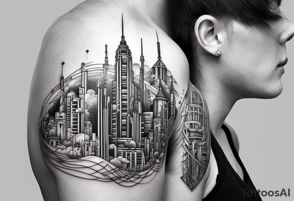 BLACK AND GREY
A tattoo featuring a futuristic cityscape with elements of music and technology integrated throughout tattoo idea