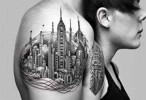 BLACK AND GREY
A tattoo featuring a futuristic cityscape with elements of music and technology integrated throughout tattoo idea