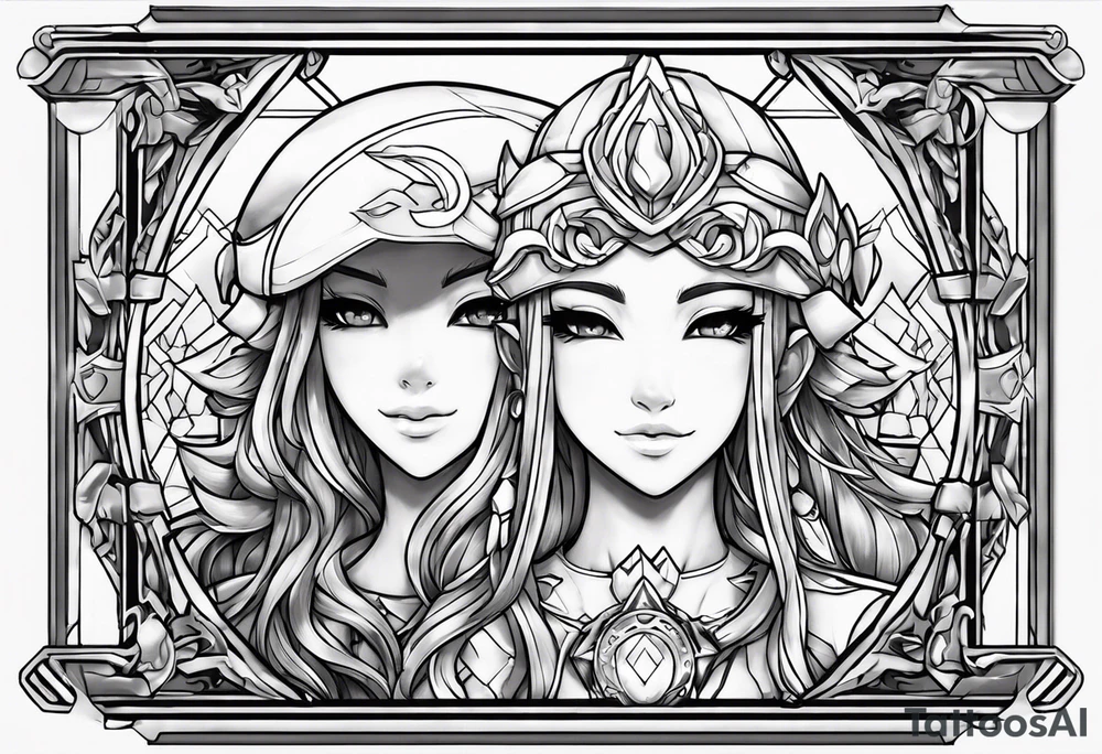 The three lake guardians from the gen 4 pokemon games azelf uxie and mesprit holding eachother with their eyes closed with a aggressive and sharp border kind of like a window frame but has a alternative style to it. tattoo idea
