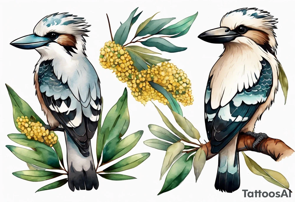 Cartoon kookaburra sitting on wattle and eucalyptus leaves tattoo idea