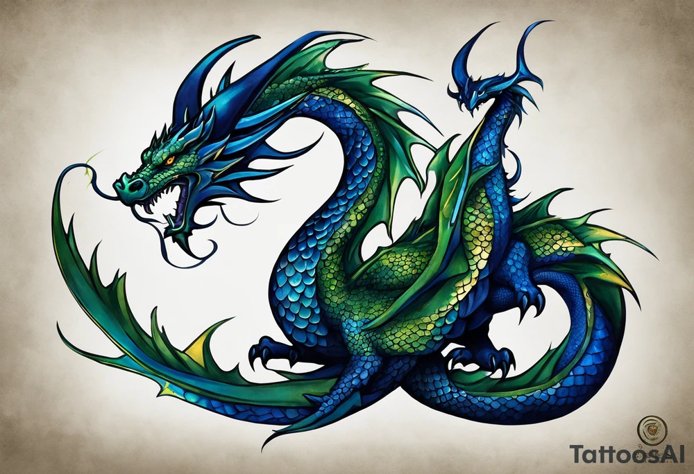 An epic with no wings floating. Its body coiling dynamically, with scales and horns detailed to create a sense of movement and strength. The dragon's main color is dark blue but features accents in green, blue, and gold, giving a vibrant depth and a mystical aura. This tattoo highlights the dragon’s fierce expression and sharp claws as it wraps protectively around the leg. Style: Realism tattoo idea