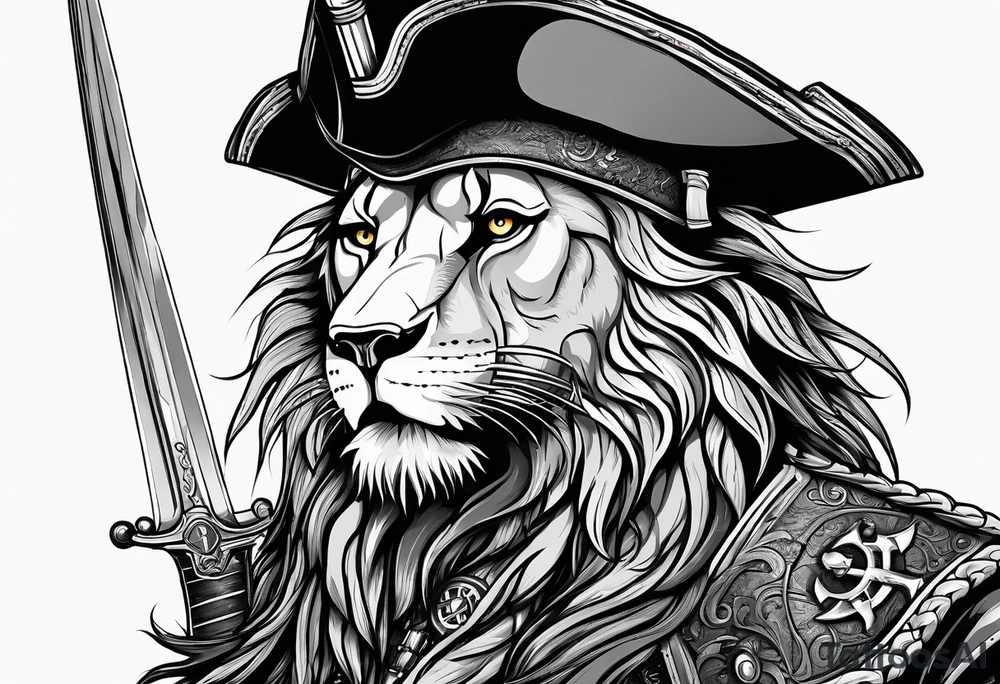 Pirate lion wearing jacket, sword and pistol, nautical steampunk theme. dreadlocks. pirate vessel tattoo idea