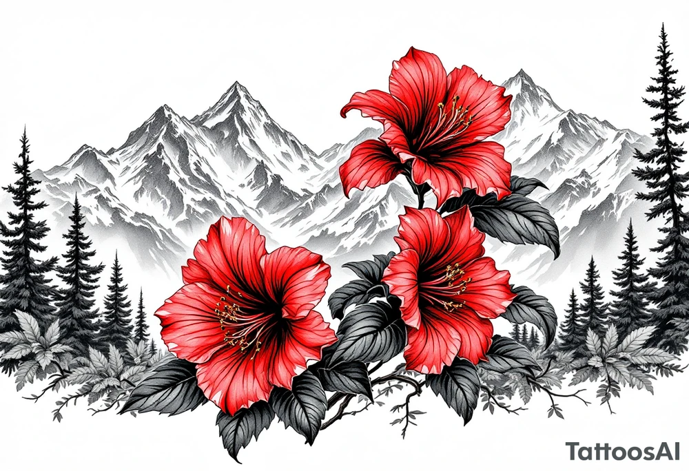 vertical wrist size red  and black rhododendron trippy with Himalayas behind tattoo idea