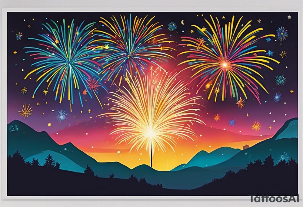 Fireworks burst across the night sky, surrounded by glowing candles and stars, capturing the magic and nostalgia of Colombian December nights. The scene is vibrant with multi-colored lights and an air of celebration. Soft linework mist or halos around the fireworks adds a magical, dreamy quality to the scene. The tattoo reflects joy and tradition, with an emphasis on warmth and festivity. tattoo idea