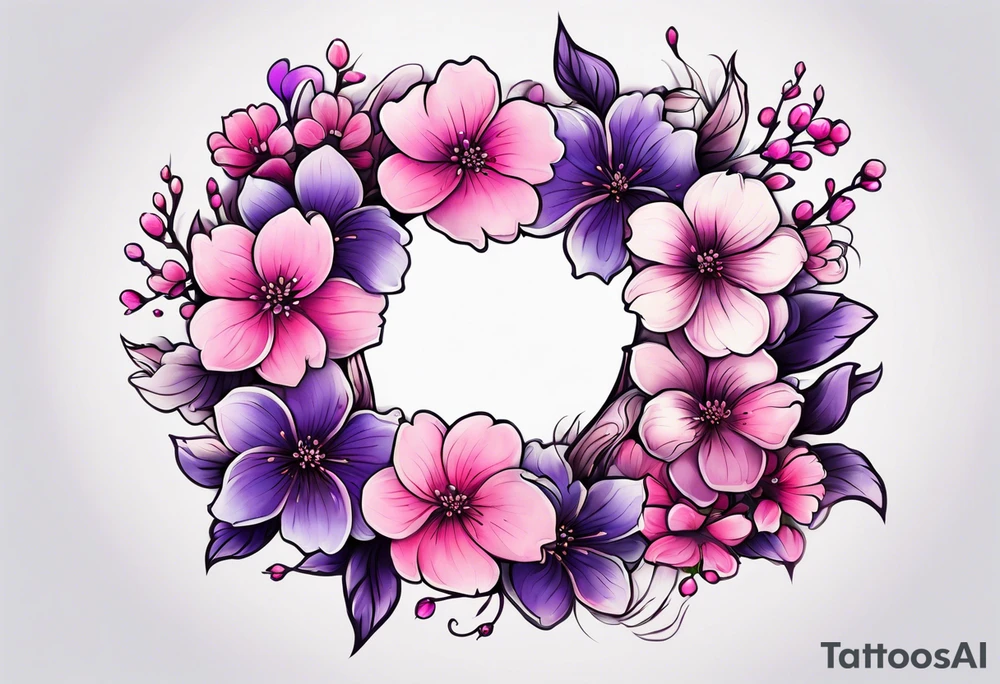 Flower wreath cherry blossoms pinks and purples tattoo idea