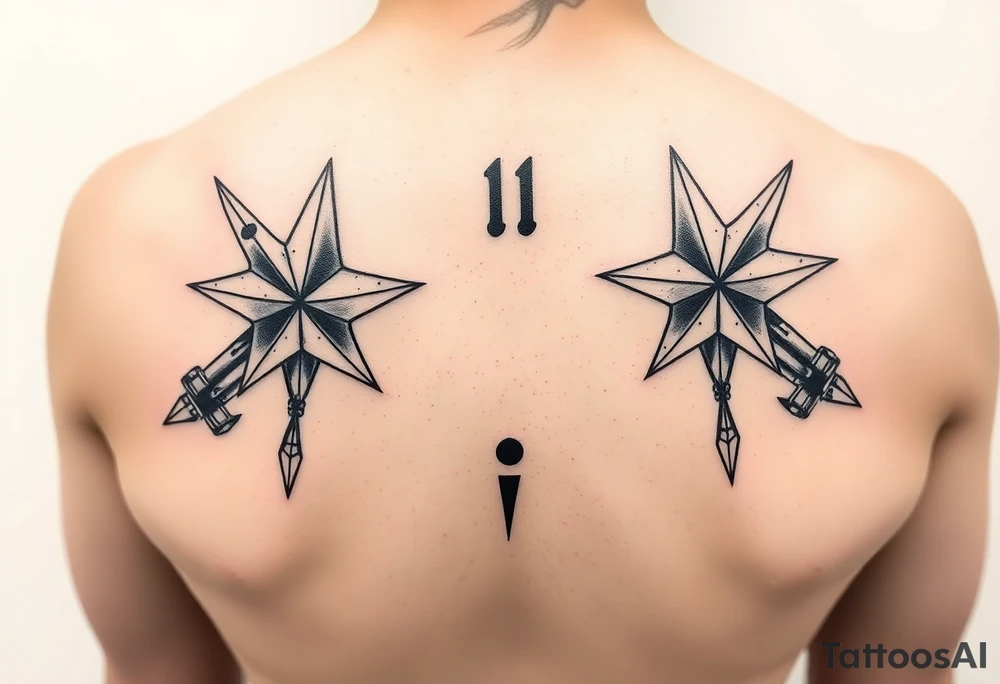 ninja stars and ballistic missiles, semicolon integrated into the design, fine line black tattoo idea