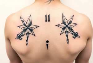 ninja stars and ballistic missiles, semicolon integrated into the design, fine line black tattoo idea