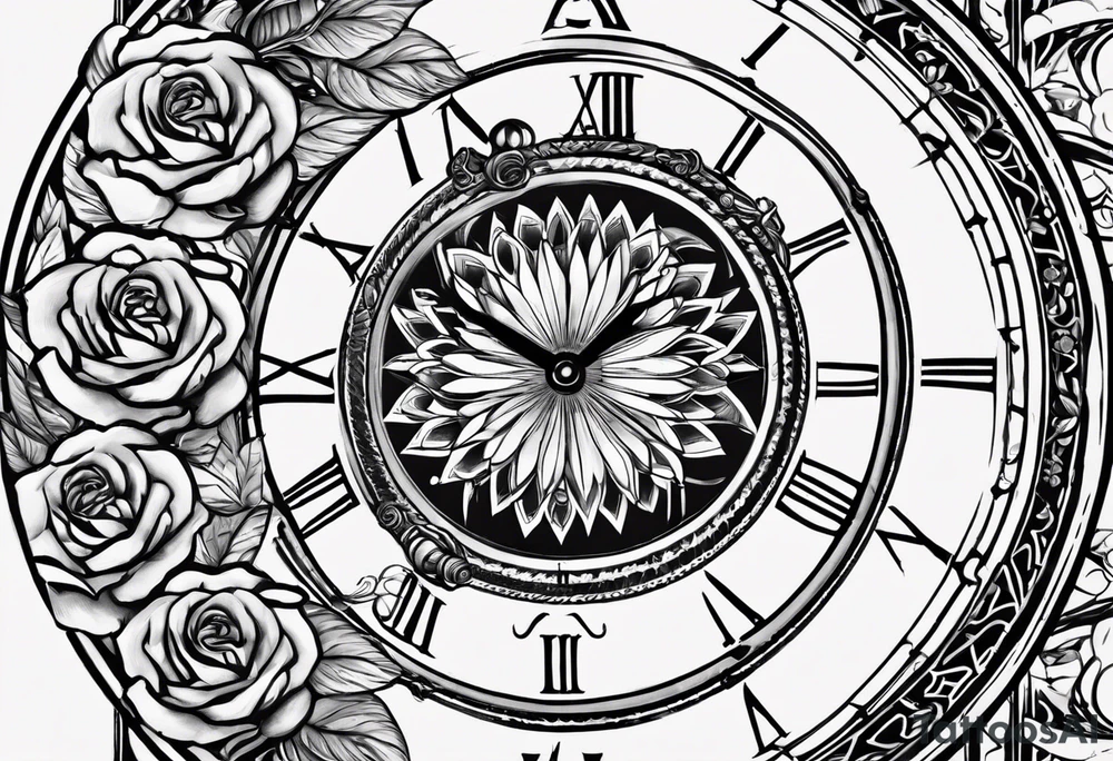 I want a design to print on t-shirts. The design is an hourglass with a wristwatch in the middle with Amazigh numbers, and this watch is surrounded by planets and Ashulk roses. tattoo idea