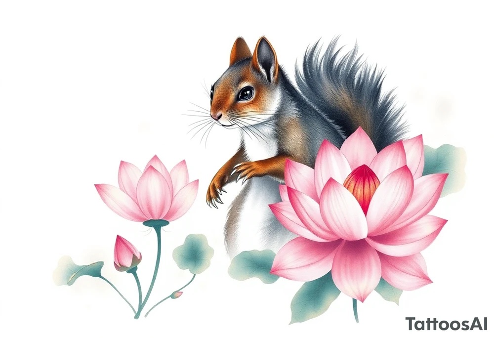 Fierce squirrel emerging blooming lotus flowers in mist tattoo idea