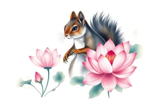 Fierce squirrel emerging blooming lotus flowers in mist tattoo idea