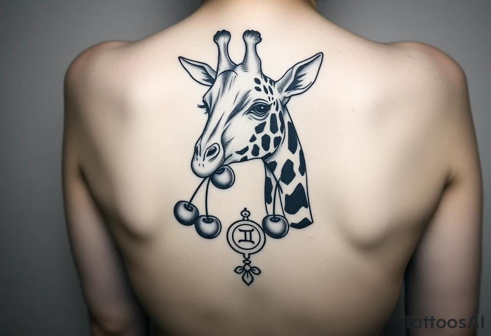 Giraffe with cherries in mouth with moon and gemini symbol tattoo idea