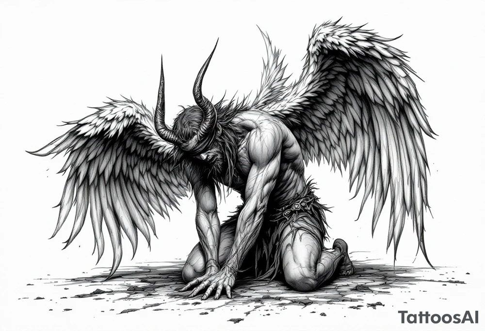 Lucifer Morningstar fallen angels on knees down head looking nonsense dropped hands on ground, 
Blindfold,
While his gratful wings started in the sky tattoo idea