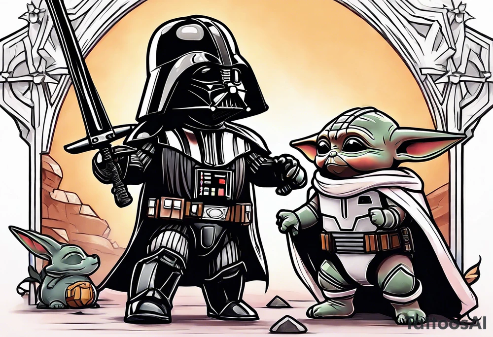 Baby grogu killing Darth Vader while wearing mandalorian armor tattoo idea
