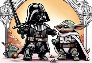 Baby grogu killing Darth Vader while wearing mandalorian armor tattoo idea