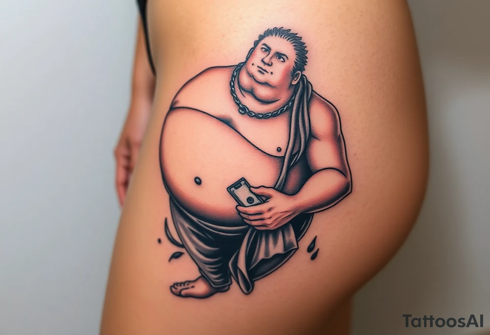 pathetic beta male with disgusting saggy body, fat rolls belly and limp dick on his knees offering money tattoo idea