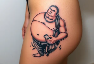 pathetic beta male with disgusting saggy body, fat rolls belly and limp dick on his knees offering money tattoo idea