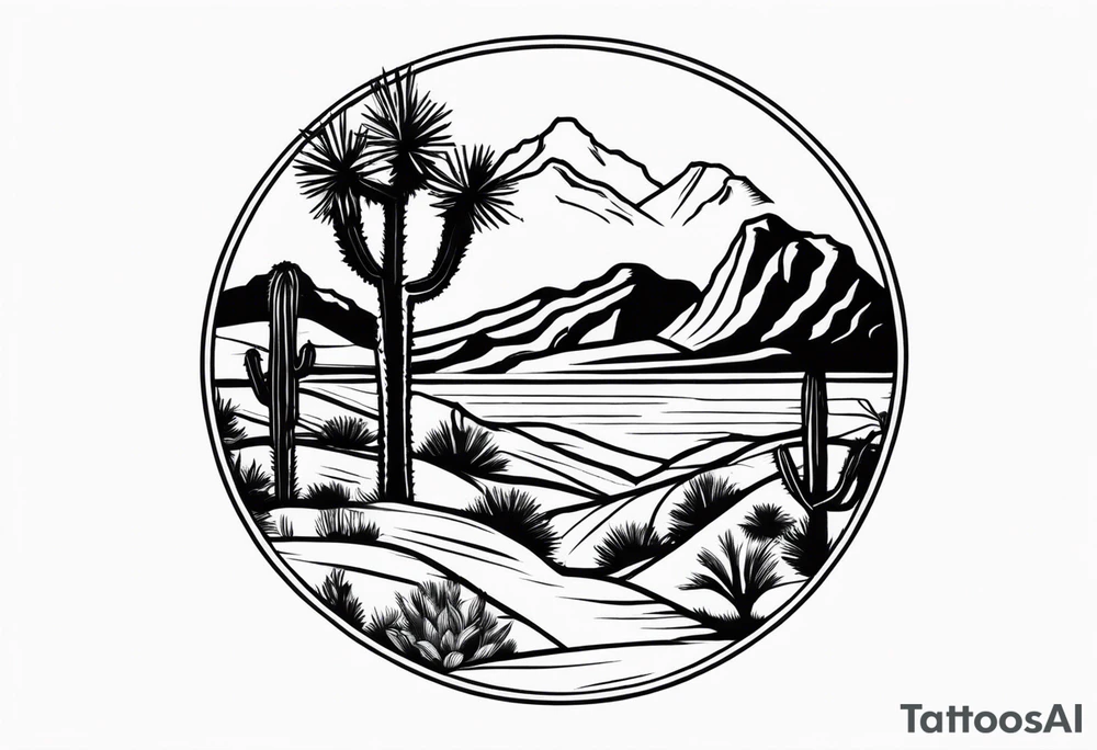 A dessert with joshua trees transitioning to pine trees and mountains tattoo idea