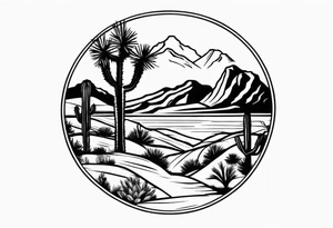 A dessert with joshua trees transitioning to pine trees and mountains tattoo idea