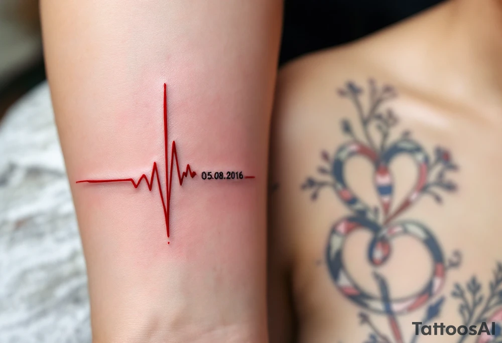 Two heartbeat lines ending in a red spike with your wedding date (05.08.2016) in cursive on both forearm. tattoo idea