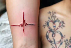 Two heartbeat lines ending in a red spike with your wedding date (05.08.2016) in cursive on both forearm. tattoo idea