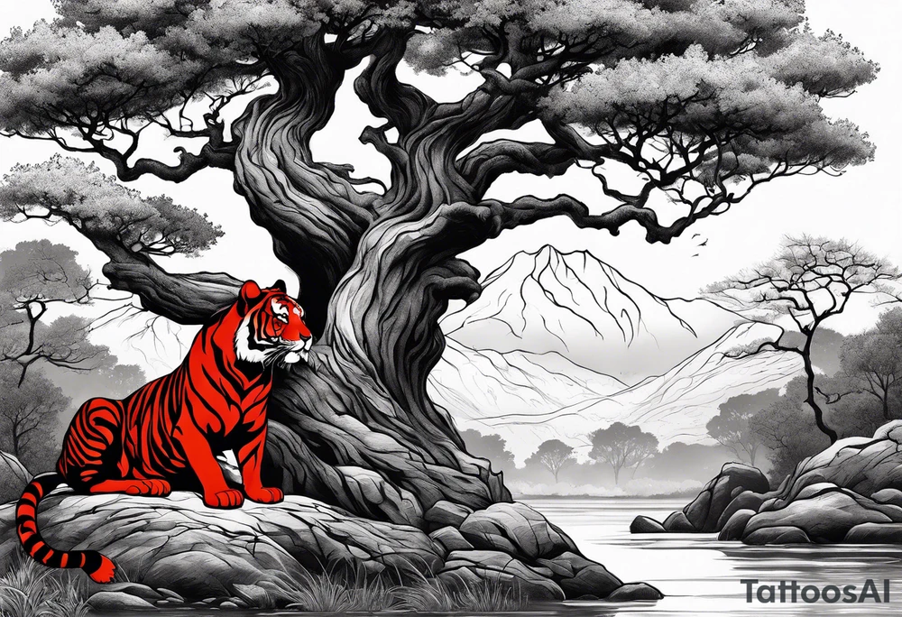 Red japanese oak tree next to a river with a tiger sitting next to it tattoo idea