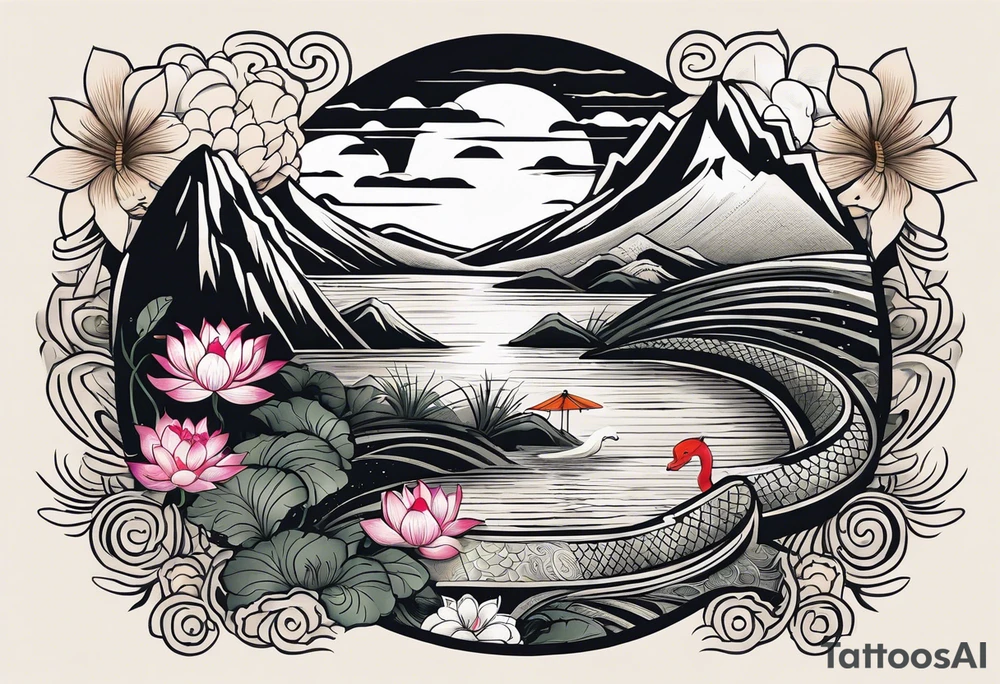 A black Vietnamese tattoo design featuring intricate depictions of sacred animals like the dragon and turtle intertwined with majestic mountains and lush rice fields. Incorporate iconic elements such as the conical straw hat floating above, surrounded by blooming lotus flowers and traditional silk lanterns. The tattoo reflects the essence of Vietnam's breathtaking nature, with swirling mist and flowing water elements woven into the composition, merging traditional artistry with a modern flair. Use a color palette that evokes the lush greens of the countryside and the warm tones of sunset. tattoo idea