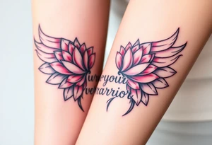 lotus flowers beautiful bold angel wings with word "Warrior" tattoo idea