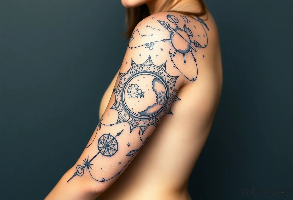 celestial sun and moon with constellation patterns runes in starry sky tattoo idea