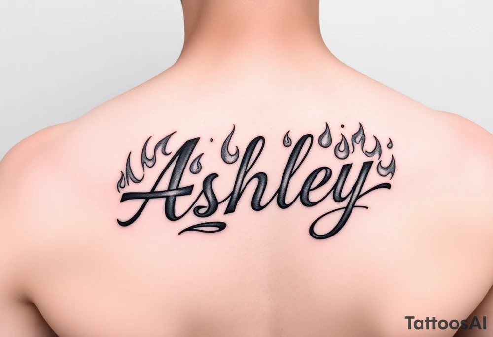 Name
Tattoo: ASHLEY in script flames tattoo idea