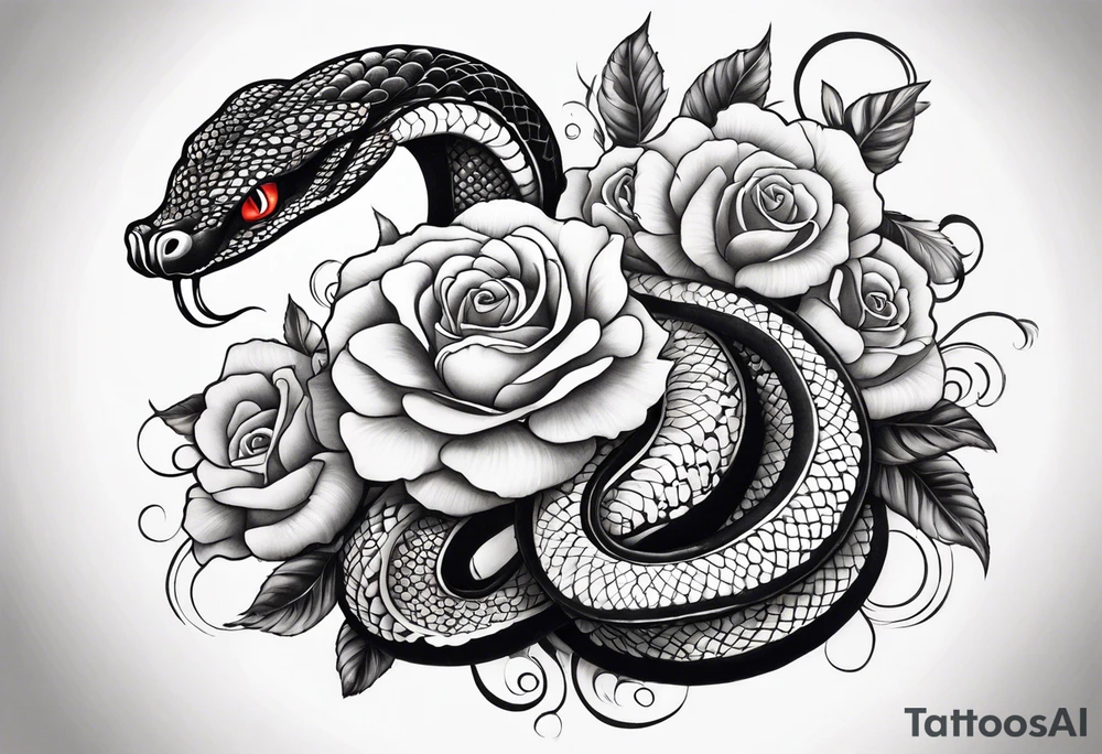 Cobra pintada de preto com rosas brancas nela mesma tattoo idea