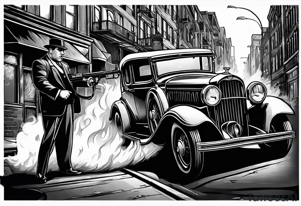 Al Capone style gangsters fighting with machine guns, set with a 1930s city street background, include a 1930's car , flames and smoke, bullets flying tattoo idea
