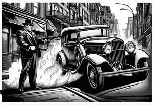 Al Capone style gangsters fighting with machine guns, set with a 1930s city street background, include a 1930's car , flames and smoke, bullets flying tattoo idea