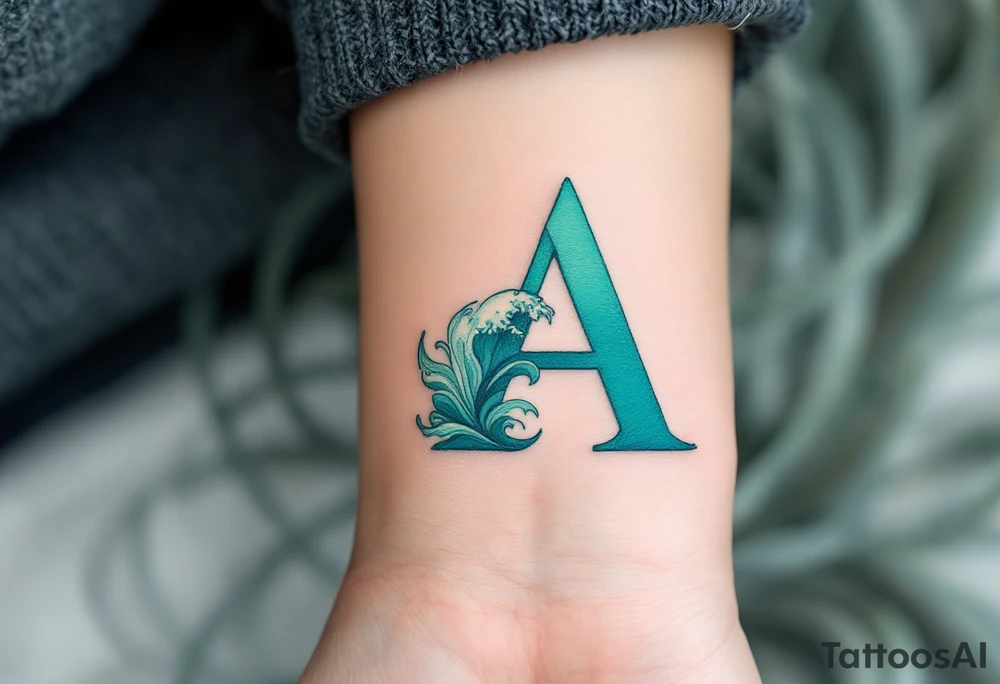 A sea-inspired "A" in deep turquoise and seafoam green, with wave details. tattoo idea