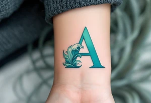 A sea-inspired "A" in deep turquoise and seafoam green, with wave details. tattoo idea