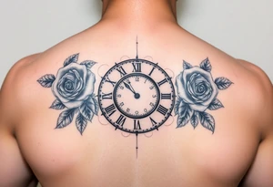 Broken Clock face 11:43 as set time. With roses and skull tattoo idea