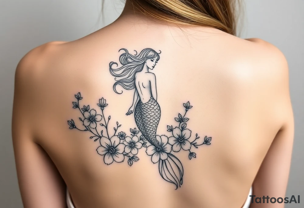 ethereal mermaid with flowing hair among coral and sea flowers tattoo idea