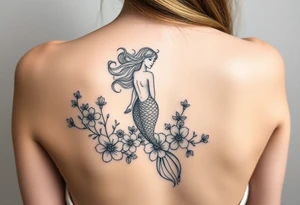 ethereal mermaid with flowing hair among coral and sea flowers tattoo idea