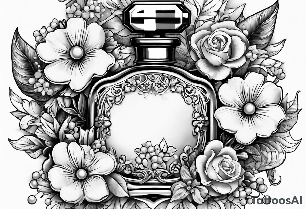 Pearl necklace wrapped around 1950s perfume bottle with flowers and bows surrounding tattoo idea