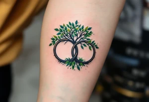 Two matching couples man and women tattoos black tree rings with a splash of green leaves tattoo idea